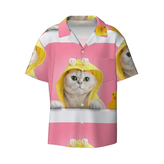 Xecao offers the A Funny Cat for Men's Casual Short-sleeved Shirt, a button-up collared shirt with a pocket, perfect for beach vacations and yacht travel in the XX-Large size.