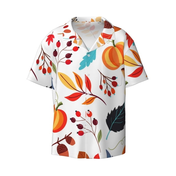 Xecao offers the Autumn Pumpkins Fall Leaves for Men's Casual Short-sleeved Shirt, a button-up collared shirt with a pocket, perfect for beach vacations and yacht travel in the Large size.