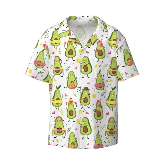 Xecao offers the Avocado Playing Music for Men's Casual Short-sleeved Shirt, a button-up collared shirt with a pocket, perfect for beach vacations and yacht travel in the Small size.
