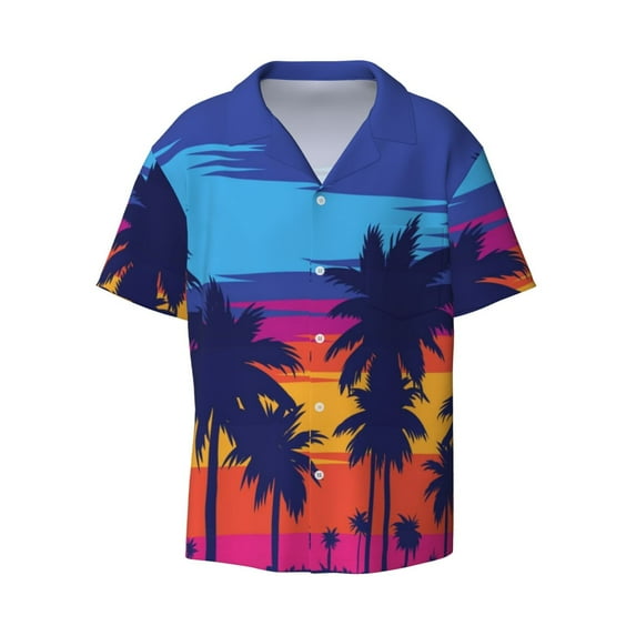 Xecao offers the Beach with Palm Trees for Men's Casual Short-sleeved Shirt, a button-up collared shirt with a pocket, perfect for beach vacations and yacht travel in the 4X-Large size.