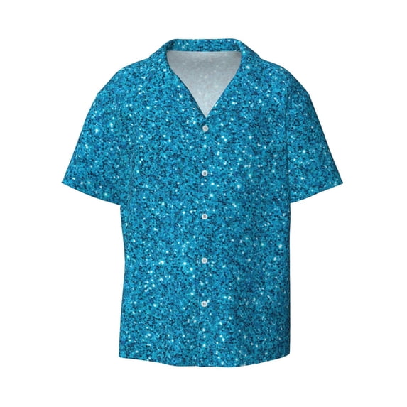 Xecao offers the Blue Glitter for Men's Casual Short-sleeved Shirt, a button-up collared shirt with a pocket, perfect for beach vacations and yacht travel in the X-Large size.