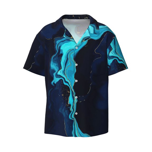 Xecao offers the Blue Marble And Gold for Men's Casual Short-sleeved Shirt, a button-up collared shirt with a pocket, perfect for beach vacations and yacht travel in the 3X-Large size.
