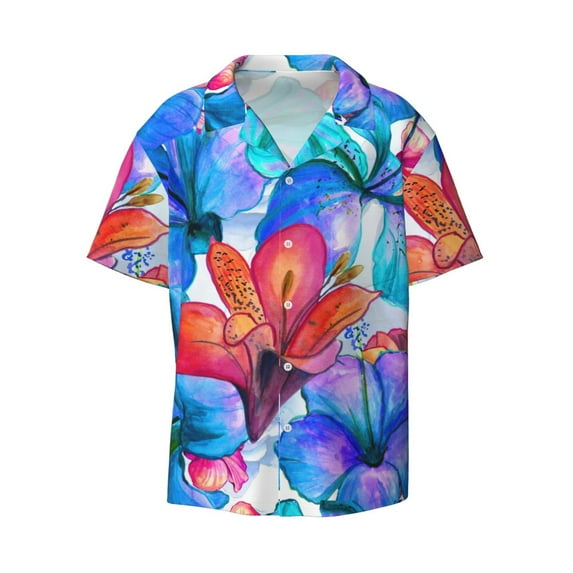 Xecao offers the Bright Flowers for Men's Casual Short-sleeved Shirt, a button-up collared shirt with a pocket, perfect for beach vacations and yacht travel in the 3X-Large size.