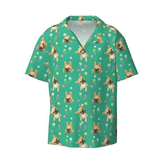 Xecao offers the Bulldog Puppy Flower for Men's Casual Short-sleeved Shirt, a button-up collared shirt with a pocket, perfect for beach vacations and yacht travel in the 4X-Large size.