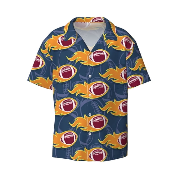 Xecao offers the Burning Rugby Balls for Men's Casual Short-sleeved Shirt, a button-up collared shirt with a pocket, perfect for beach vacations and yacht travel in the Small size.