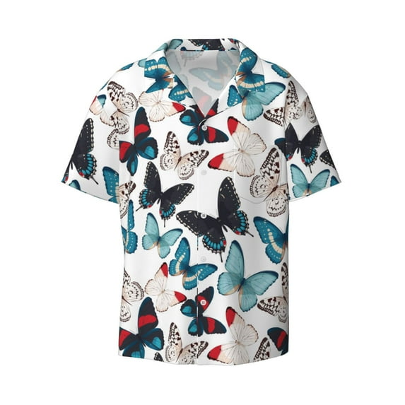 Xecao offers the Butterfly for Men's Casual Short-sleeved Shirt, a button-up collared shirt with a pocket, perfect for beach vacations and yacht travel in the Medium size.