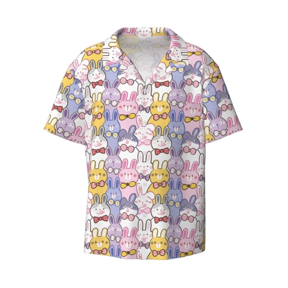 Xecao offers the Cartoon Colorful Rabbit for Men's Casual Short-sleeved Shirt, a button-up collared shirt with a pocket, perfect for beach vacations and yacht travel in the Small size.
