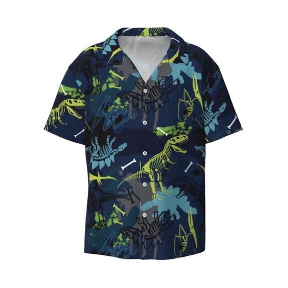 Xecao offers the Cartoon Dinosaur for Men's Casual Short-sleeved Shirt, a button-up collared shirt with a pocket, perfect for beach vacations and yacht travel in the Medium size.