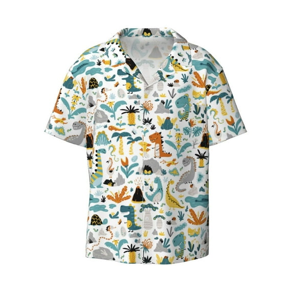 Xecao offers the Cartoon Dinosaur for Men's Casual Short-sleeved Shirt, a button-up collared shirt with a pocket, perfect for beach vacations and yacht travel in the Small size.