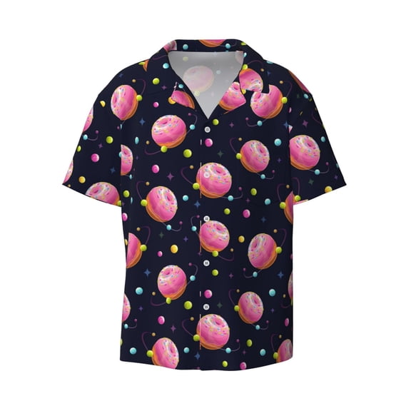 Xecao offers the Cartoon Donut Planets for Men's Casual Short-sleeved Shirt, a button-up collared shirt with a pocket, perfect for beach vacations and yacht travel in the Large size.