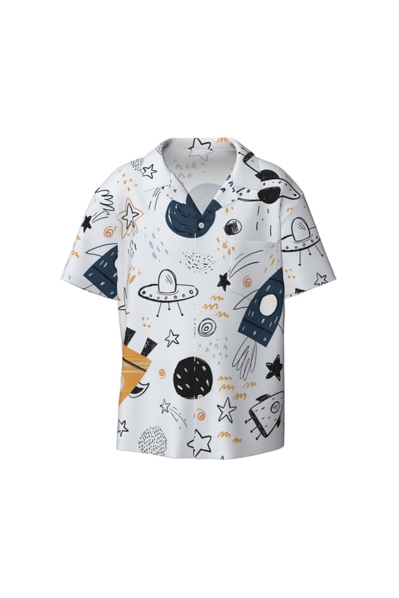 offers the Cartoon Planets for Men's Casual Short-sleeved Shirt, a button-up collared shirt with a pocket, perfect for beach vacations and yacht travel in the 4X-Large size.