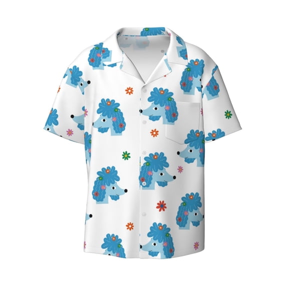 Xecao offers the Cartoon Poodle Dog for Men's Casual Short-sleeved Shirt, a button-up collared shirt with a pocket, perfect for beach vacations and yacht travel in the X-Large size.