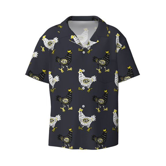 Xecao offers the Cartoon Rooster for Men's Casual Short-sleeved Shirt, a button-up collared shirt with a pocket, perfect for beach vacations and yacht travel in the 4X-Large size.