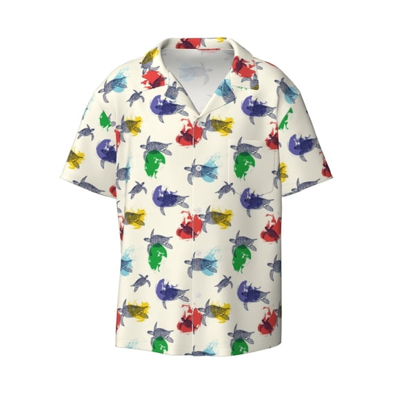 Xecao offers the Cartoon Sea Turtle for Men's Casual Short-sleeved Shirt, a button-up collared shirt with a pocket, perfect for beach vacations and yacht travel in the Large size.