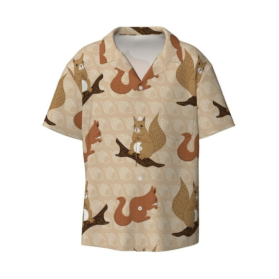 Xecao offers the Cartoon Squirrel for Men's Casual Short-sleeved Shirt, a button-up collared shirt with a pocket, perfect for beach vacations and yacht travel in the 4X-Large size.
