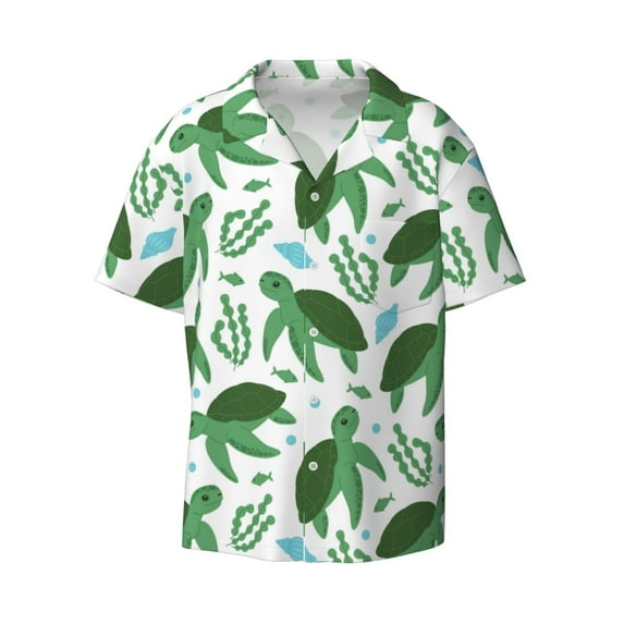 Xecao offers the Cartoon Turtle for Men's Casual Short-sleeved Shirt, a button-up collared shirt with a pocket, perfect for beach vacations and yacht travel in the X-Large size.