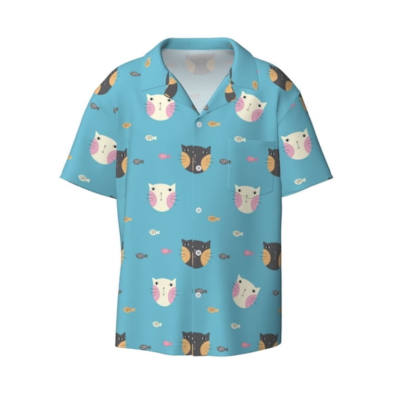 Xecao offers the Cat Fish for Men's Casual Short-sleeved Shirt, a button-up collared shirt with a pocket, perfect for beach vacations and yacht travel in the 4X-Large size.