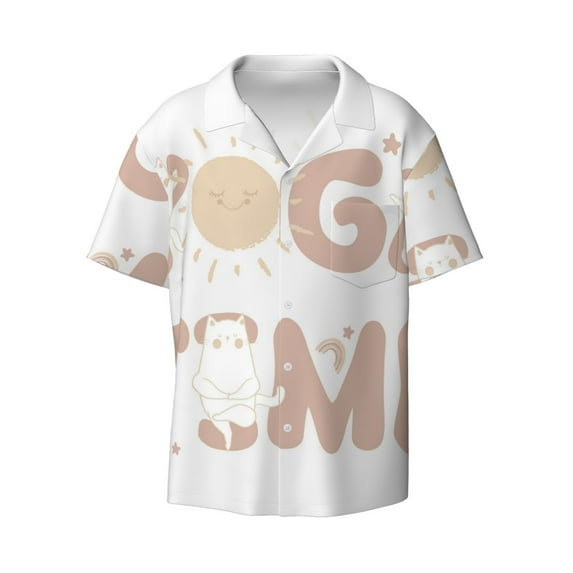 Xecao offers the Cat Yoga Time for Men's Casual Short-sleeved Shirt, a button-up collared shirt with a pocket, perfect for beach vacations and yacht travel in the 4X-Large size.