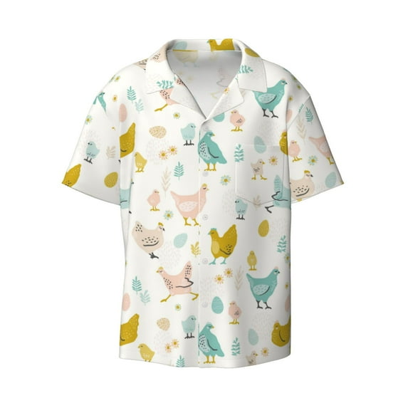 Xecao offers the Chicken for Men's Casual Short-sleeved Shirt, a button-up collared shirt with a pocket, perfect for beach vacations and yacht travel in the Large size.