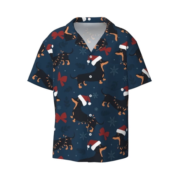 Xecao offers the Christmas Dachshund for Men's Casual Short-sleeved Shirt, a button-up collared shirt with a pocket, perfect for beach vacations and yacht travel in the Medium size.