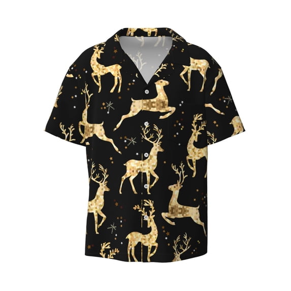 Xecao offers the Christmas Gold Deers for Men's Casual Short-sleeved Shirt, a button-up collared shirt with a pocket, perfect for beach vacations and yacht travel in the Small size.