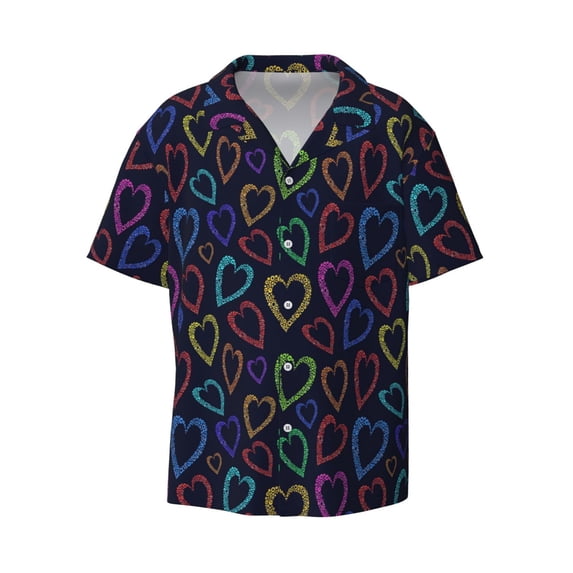 Xecao offers the Colored Hearts for Men's Casual Short-sleeved Shirt, a button-up collared shirt with a pocket, perfect for beach vacations and yacht travel in the Small size.
