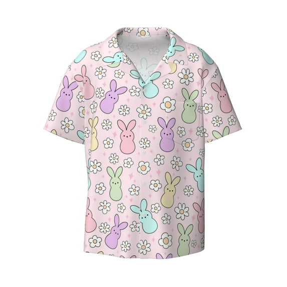 Xecao offers the Colorful Bunny for Men's Casual Short-sleeved Shirt, a button-up collared shirt with a pocket, perfect for beach vacations and yacht travel in the Large size.