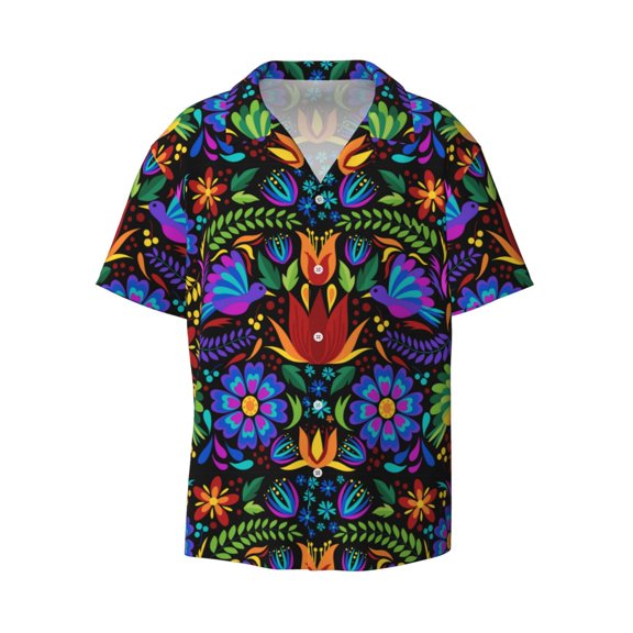 Xecao offers the Colorful Floral for Men's Casual Short-sleeved Shirt, a button-up collared shirt with a pocket, perfect for beach vacations and yacht travel in the Medium size.