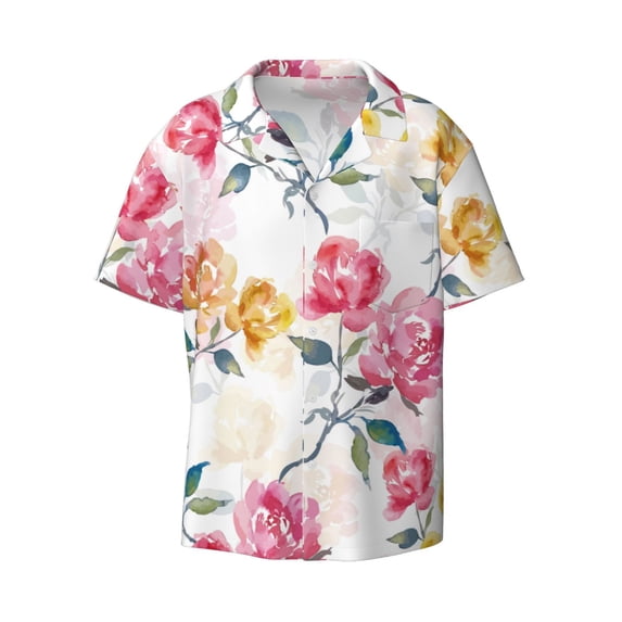 Xecao offers the Colorful Flowers for Men's Casual Short-sleeved Shirt, a button-up collared shirt with a pocket, perfect for beach vacations and yacht travel in the 3X-Large size.