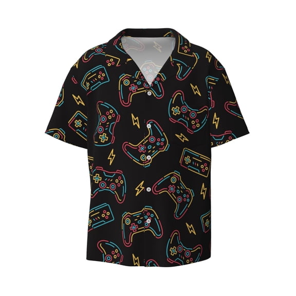 Xecao offers the Colorful Game Controller for Men's Casual Short-sleeved Shirt, a button-up collared shirt with a pocket, perfect for beach vacations and yacht travel in the Large size.