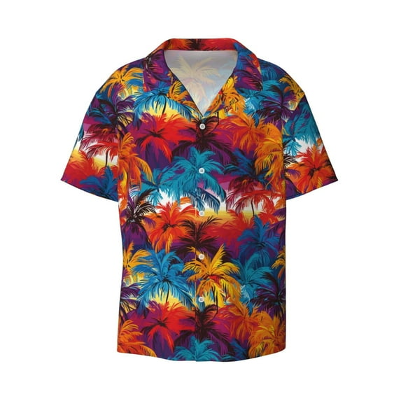 Xecao offers the Colorful Hawaii Palms for Men's Casual Short-sleeved Shirt, a button-up collared shirt with a pocket, perfect for beach vacations and yacht travel in the 3X-Large size.