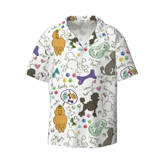 Xecao offers the Colorful Poodle Dog for Men's Casual Short-sleeved Shirt, a button-up collared shirt with a pocket, perfect for beach vacations and yacht travel in the XX-Large size.