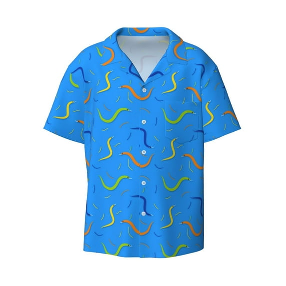 Xecao offers the Colorful Snake for Men's Casual Short-sleeved Shirt, a button-up collared shirt with a pocket, perfect for beach vacations and yacht travel in the Large size.
