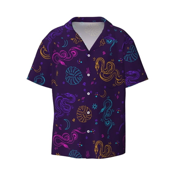 Xecao offers the Colorful Snake for Men's Casual Short-sleeved Shirt, a button-up collared shirt with a pocket, perfect for beach vacations and yacht travel in the XX-Large size.
