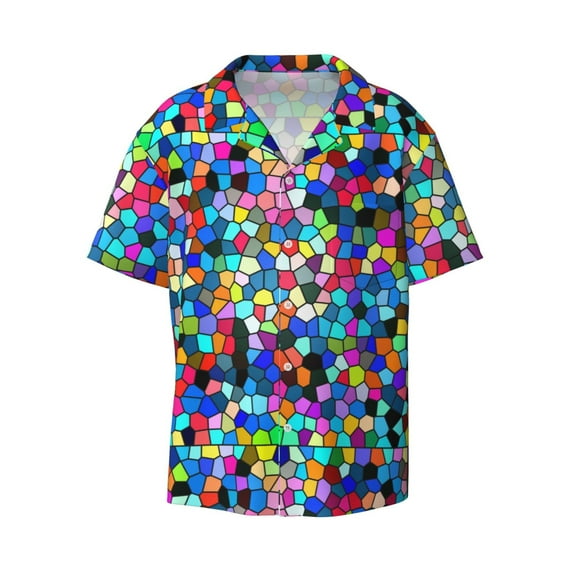 Xecao offers the Colorful Tie Dye Stained Glass 2 for Men's Casual Short-sleeved Shirt, a button-up collared shirt with a pocket, perfect for beach vacations and yacht travel in the XX-Large size.