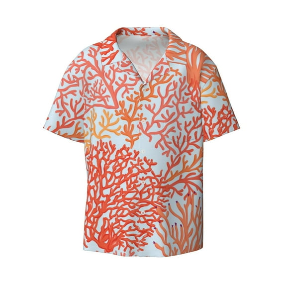 Xecao offers the Corals for Men's Casual Short-sleeved Shirt, a button-up collared shirt with a pocket, perfect for beach vacations and yacht travel in the 3X-Large size.