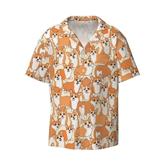 Xecao offers the Corgi Animal for Men's Casual Short-sleeved Shirt, a button-up collared shirt with a pocket, perfect for beach vacations and yacht travel in the 4X-Large size.