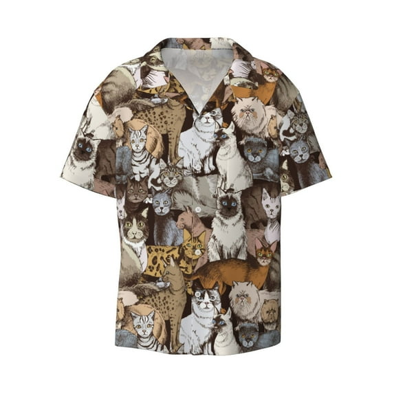 Xecao offers the Cut Cats for Men's Casual Short-sleeved Shirt, a button-up collared shirt with a pocket, perfect for beach vacations and yacht travel in the Small size.