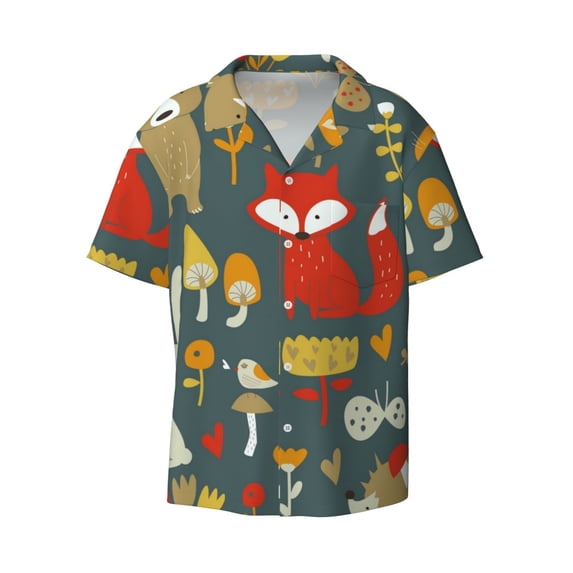 Xecao offers the Cute Animal Forest for Men's Casual Short-sleeved Shirt, a button-up collared shirt with a pocket, perfect for beach vacations and yacht travel in the 3X-Large size.