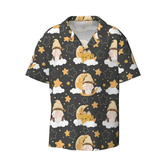 Xecao offers the Cute Bee Gnome for Men's Casual Short-sleeved Shirt, a button-up collared shirt with a pocket, perfect for beach vacations and yacht travel in the Small size.