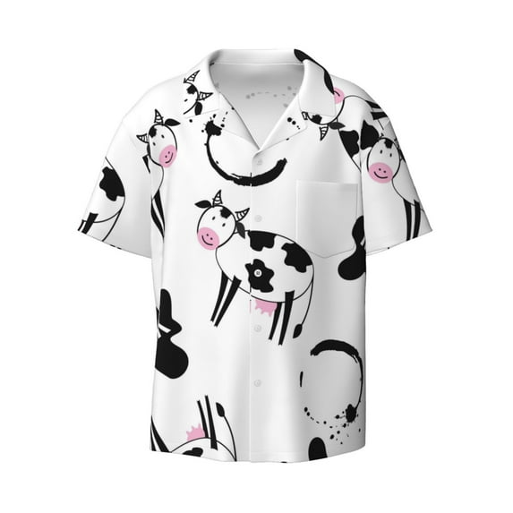 Xecao offers the Cute Cow and Milk Stains for Men's Casual Short-sleeved Shirt, a button-up collared shirt with a pocket, perfect for beach vacations and yacht travel in the 3X-Large size.