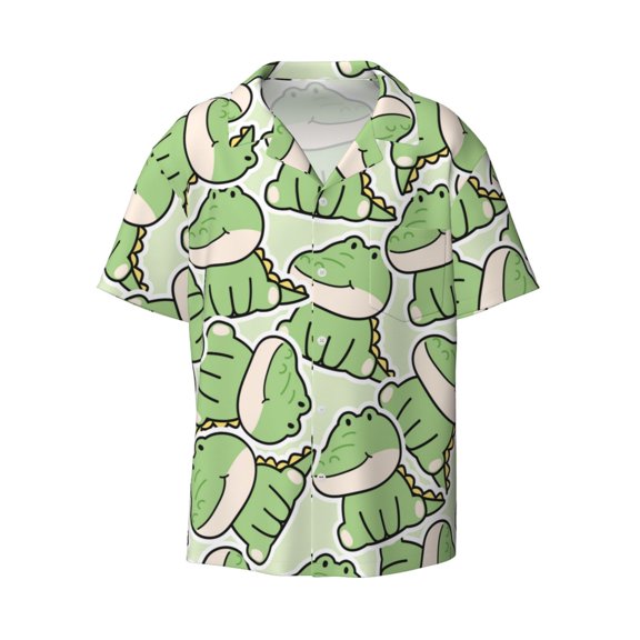 Xecao offers the Cute Crocodile for Men's Casual Short-sleeved Shirt, a button-up collared shirt with a pocket, perfect for beach vacations and yacht travel in the XX-Large size.