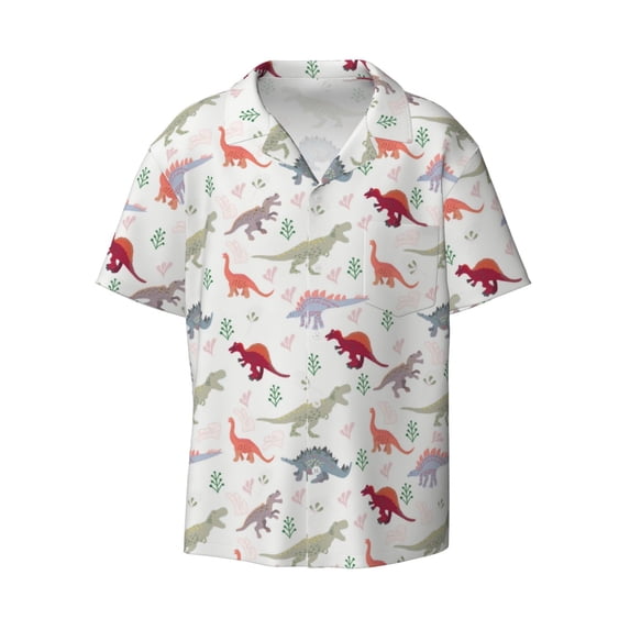 Xecao offers the Cute Dinosaur for Men's Casual Short-sleeved Shirt, a button-up collared shirt with a pocket, perfect for beach vacations and yacht travel in the XX-Large size.