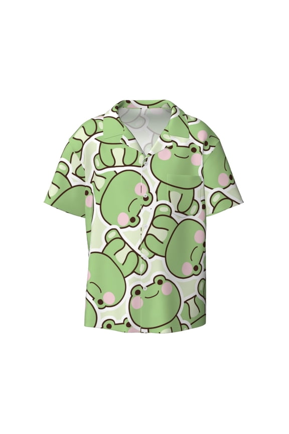 offers the Cute Frog for Men's Casual Short-sleeved Shirt, a button-up collared shirt with a pocket, perfect for beach vacations and yacht travel in the Large size.