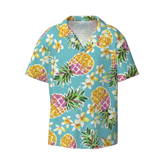 Xecao offers the Cute Pineapples for Men's Casual Short-sleeved Shirt, a button-up collared shirt with a pocket, perfect for beach vacations and yacht travel in the 3X-Large size.