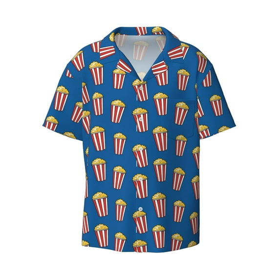 Xecao offers the Cute Popcorn for Men's Casual Short-sleeved Shirt, a button-up collared shirt with a pocket, perfect for beach vacations and yacht travel in the 3X-Large size.