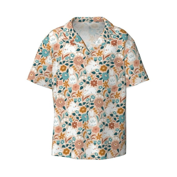 Xecao offers the Cute Rabbit Floral for Men's Casual Short-sleeved Shirt, a button-up collared shirt with a pocket, perfect for beach vacations and yacht travel in the Small size.