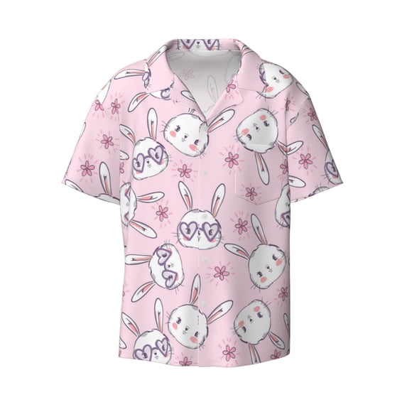 Xecao offers the Cute Rabbit Flower for Men's Casual Short-sleeved Shirt, a button-up collared shirt with a pocket, perfect for beach vacations and yacht travel in the 3X-Large size.