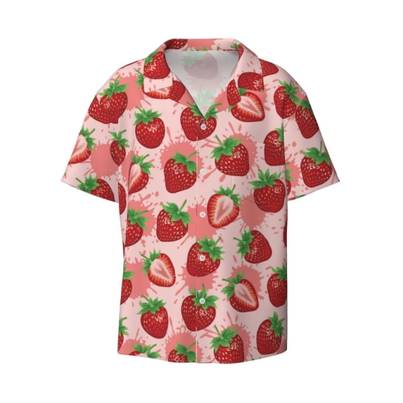 Xecao offers the Cute Strawberry for Men's Casual Short-sleeved Shirt, a button-up collared shirt with a pocket, perfect for beach vacations and yacht travel in the 3X-Large size.