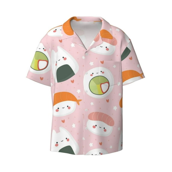 Xecao offers the Cute Sushi for Men's Casual Short-sleeved Shirt, a button-up collared shirt with a pocket, perfect for beach vacations and yacht travel in the X-Large size.